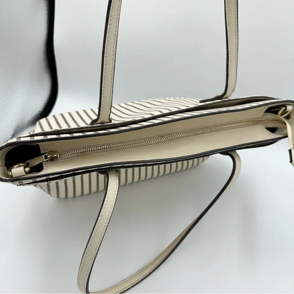 Henri Bendel West 57th Striped Domed Satchel Ivory Grey Stripe Gold Hardware